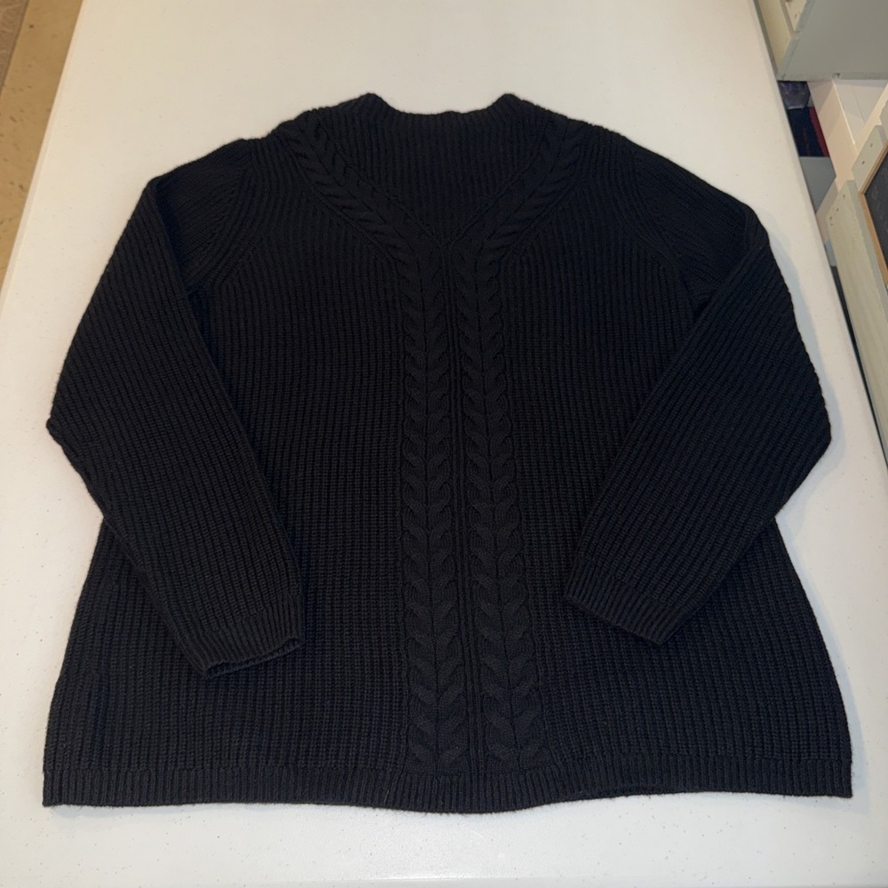 Talbots Lambs Wool Blend Cable Knit Sweater Pullover Black High Neck Sz Large P